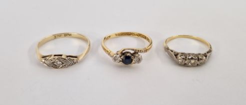 Platinum, 9ct gold and diamond ring, 1920's-style size M, an 18ct gold, sapphire and diamond ring