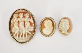Silver, seedpearl and carved shell cameo brooch, the Three Graces and two smaller cameo brooches (5)