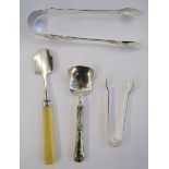 George III stilton scoop, bone-handled, London 1803, a silver-handled jam spoon, kings pattern,