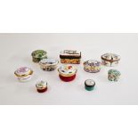 Collection of modern enamel and porcelain gilt metal-mounted pill and snuff boxes, variously