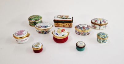 Collection of modern enamel and porcelain gilt metal-mounted pill and snuff boxes, variously