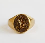 Gold signet ring with intaglio crest of lion and crown (marks indistinct probably 9ct) size M1/2,