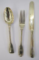 Victorian silver child's christening set viz:- spoon, fork and knife, fiddle and thread pattern,