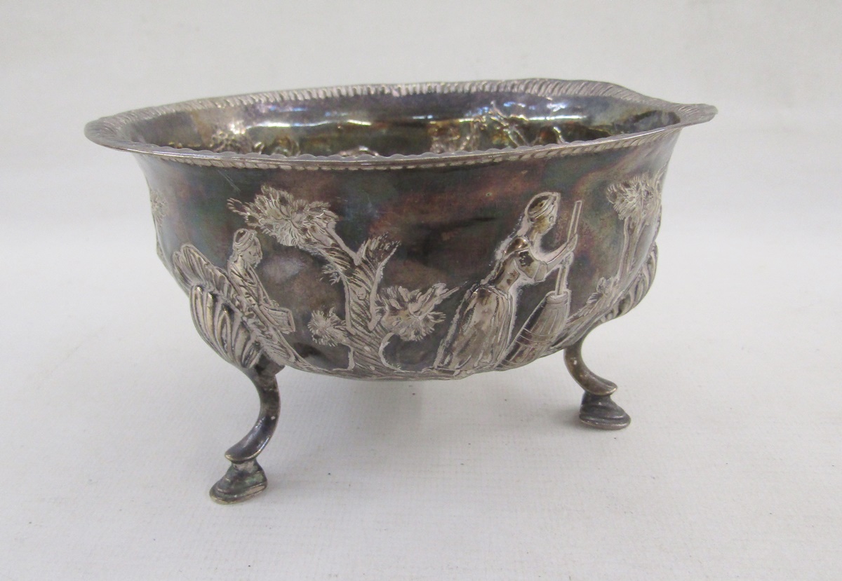 Irish George III silver sugar bowl by Matthew West, engraved and embossed decoration depicting