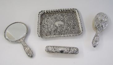 Edwardian silver embossed trinket tray, of rectangular form, hallmarked Sheffield 1903, maker's mark