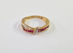 9ct gold, diamond and ruby crossover ring set five pairs square-cut rubies and six tiny diamonds,
