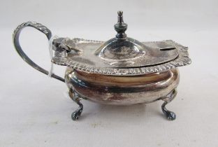Silver salt, rectangular with gadrooned and foliate everted rim, on scroll supports, the matching