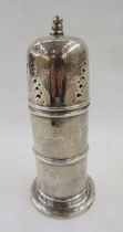 Edwardian silver sugar caster, the domed top with finial, cylindrical body, 16cm high (with slight
