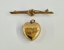 Gold-coloured metal and small diamond heart-shaped locket pendant and a 9ct gold bar-pattern bar