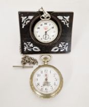 Large white metal cased pocket watch, dial marked 'AJAY AP and decorated with steam train, with