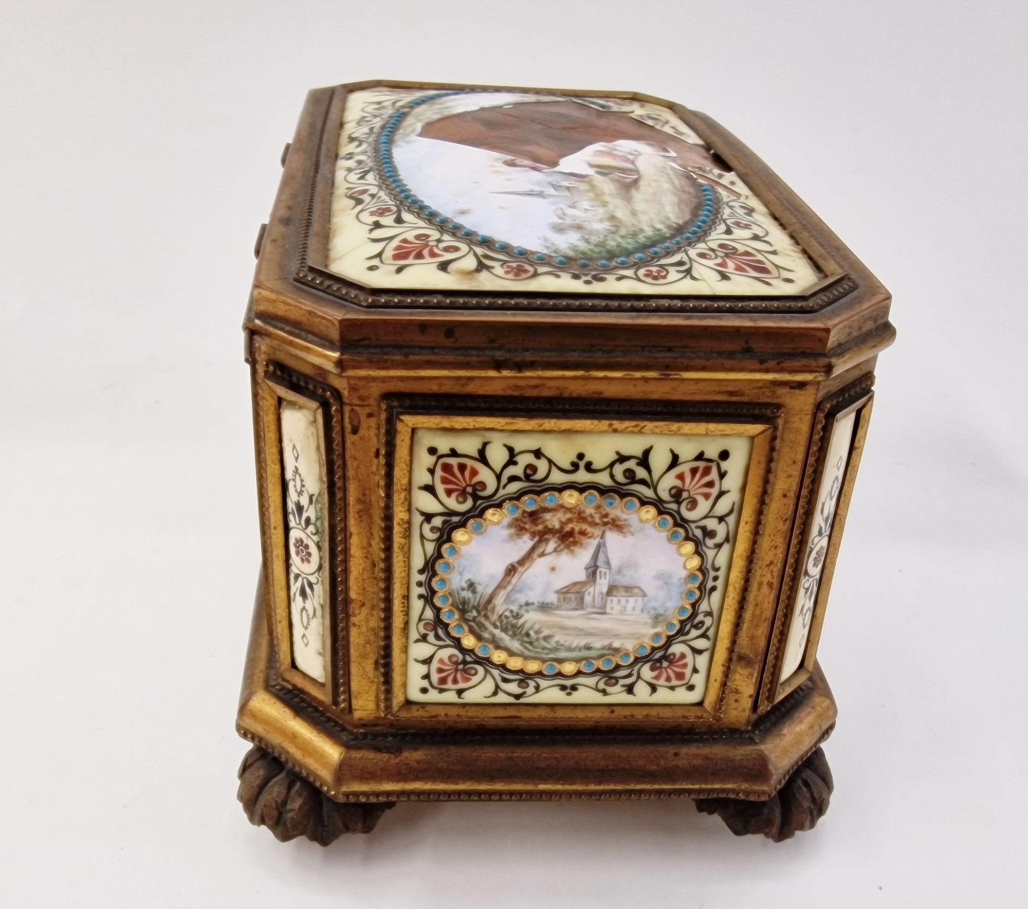 Late 19th century French enamel and gilt metal-mounted jewellery casket, of canted rectangular - Image 6 of 8