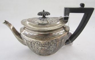 Victorian silver teapot, oval with gadrooned ebonised finial and angular handle, the oval shouldered