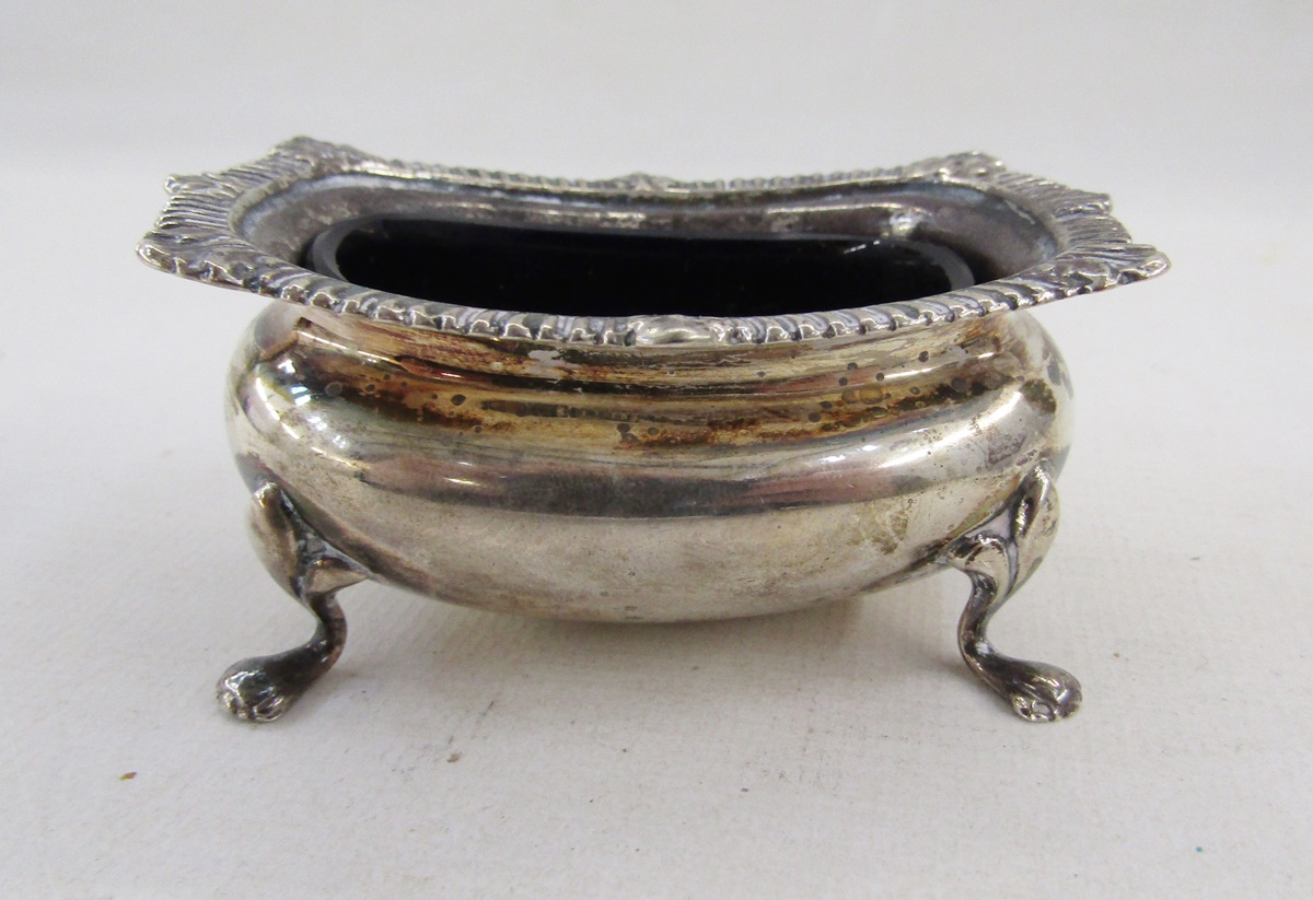 Silver salt, rectangular with gadrooned and foliate everted rim, on scroll supports, the matching - Image 3 of 4