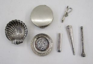 Silver propelling pencil, a pencil holder, a scallop shell salt, a compact and a pin tray