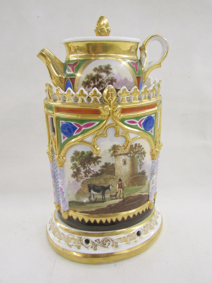 Mid-19th century Russian (Popov) porcelain Veilleuse teapot on stand, underglaze blue Cyrillic