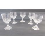 Assembled set of five cut glass water goblets, probably early 20th century, each bowl cut with