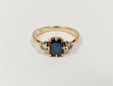 9ct gold, sapphire and diamond ring, the rectangular sapphire flanked by two claw-set diamonds
