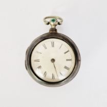 George III silver pair-cased pocket watch, the enamel dial with Roman numerals denoting hours,