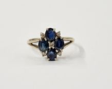 9ct gold sapphire and diamond ring, set four oval sapphires and small diamonds size Q1/4