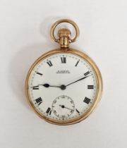 9ct gold cased open faced crown wind pocket watch by H. Samuel, the white enamelled dial with