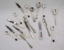 Four 20th century silver coffee bean topped spoons by Mappin & Webb, together with a selection of