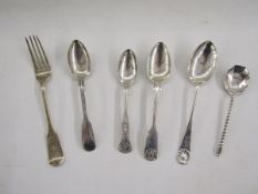 Four assorted silver teaspoons, Victorian and later, together with another spoon, silver fork,