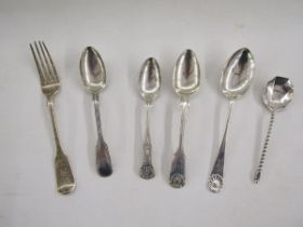 Four assorted silver teaspoons, Victorian and later, together with another spoon, silver fork,