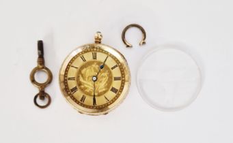 Early 20th century 14ct gold cased open faced fob watch, the gilt dial having Roman numerals