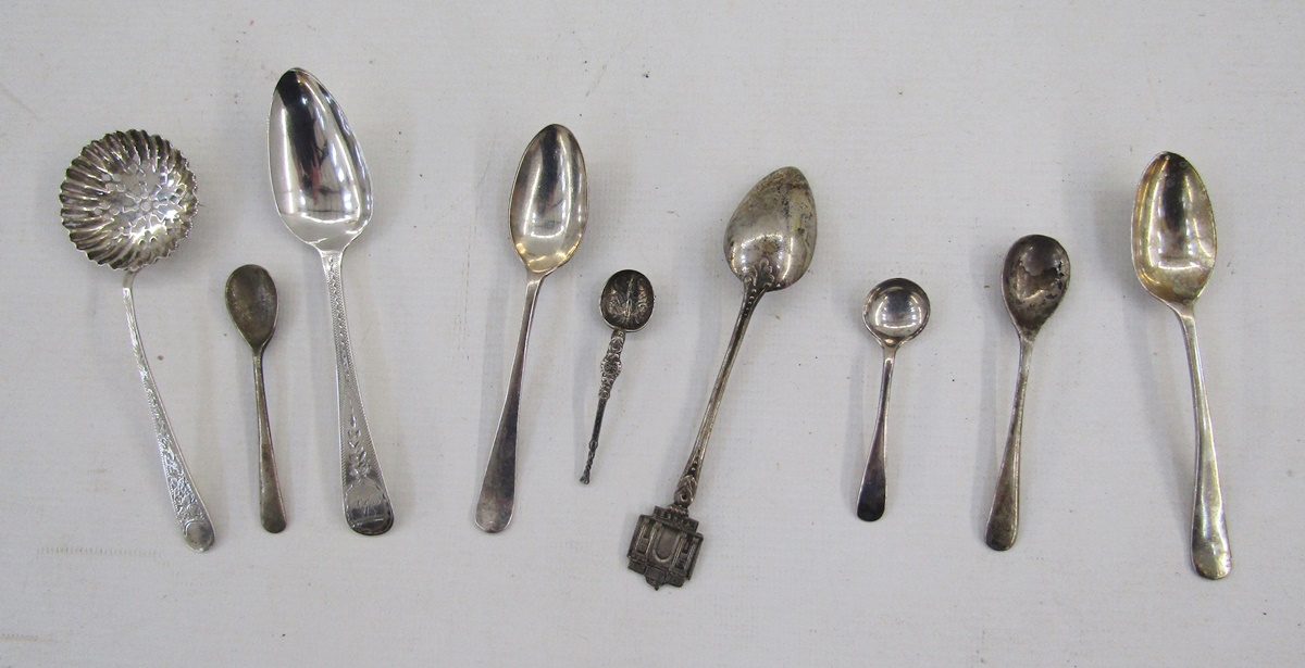 Three various silver teaspoons, a silver sugar sifting spoon, a pair of Irish Victorian silver - Image 8 of 14