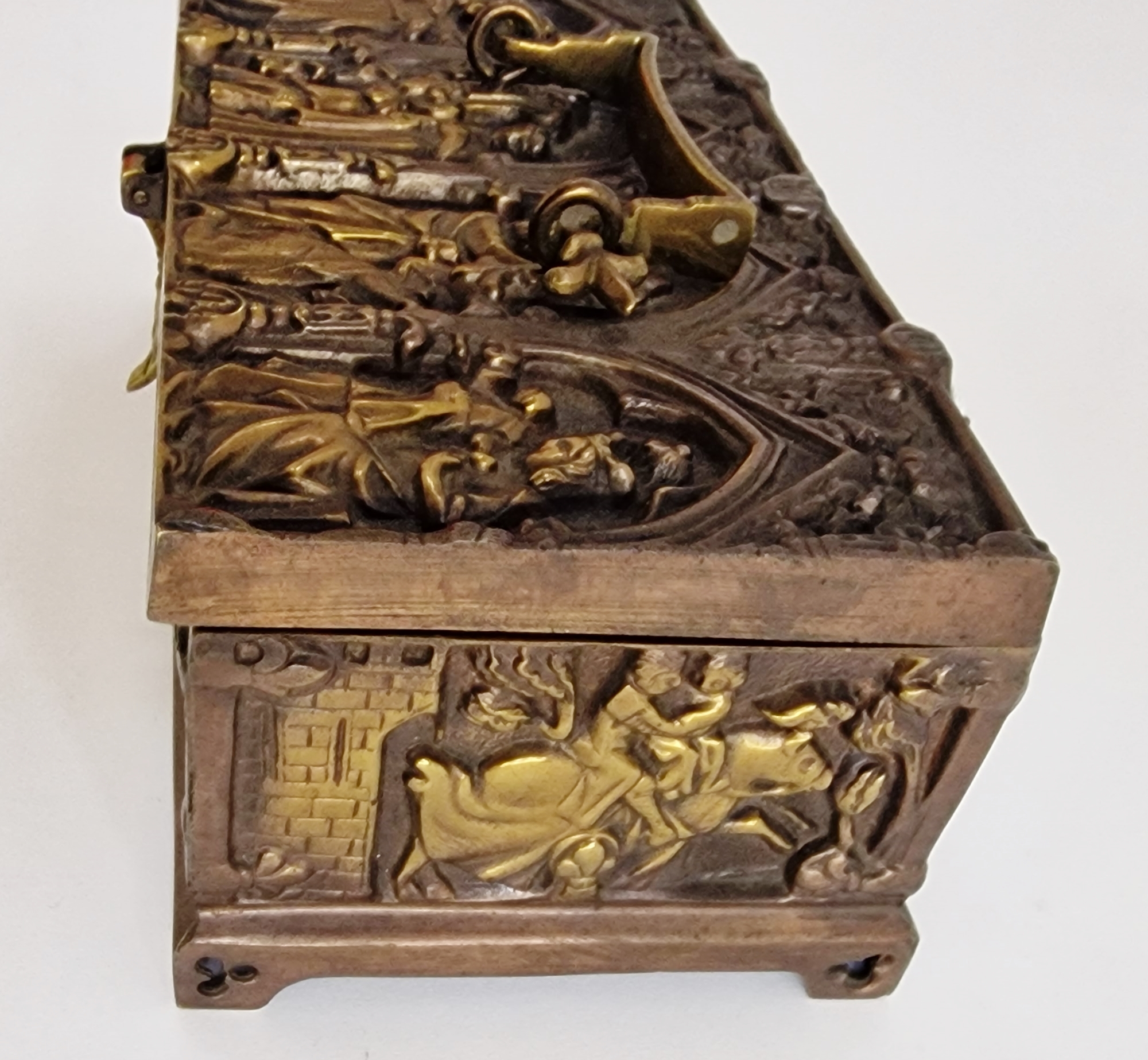 Gothic-style brass casket of rectangular form, stamped 'Dinant', cast with figures beneath trefoil - Image 2 of 6
