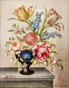 Early 20th century painted wooden panel, oil on board, painted with a still life of a vase of