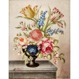Early 20th century painted wooden panel, oil on board, painted with a still life of a vase of