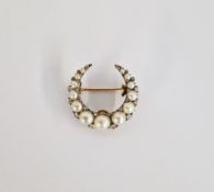 Antique gold, pearl and diamond crescent brooch set graduated blister pearls interspersed with old