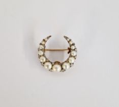 Antique gold, pearl and diamond crescent brooch set graduated blister pearls interspersed with old