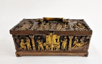 Gothic-style brass casket of rectangular form, stamped 'Dinant', cast with figures beneath trefoil