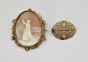 19th century cameo brooch in gold-plated mount, lady with bird, and a 9ct gold Celtic knot brooch,
