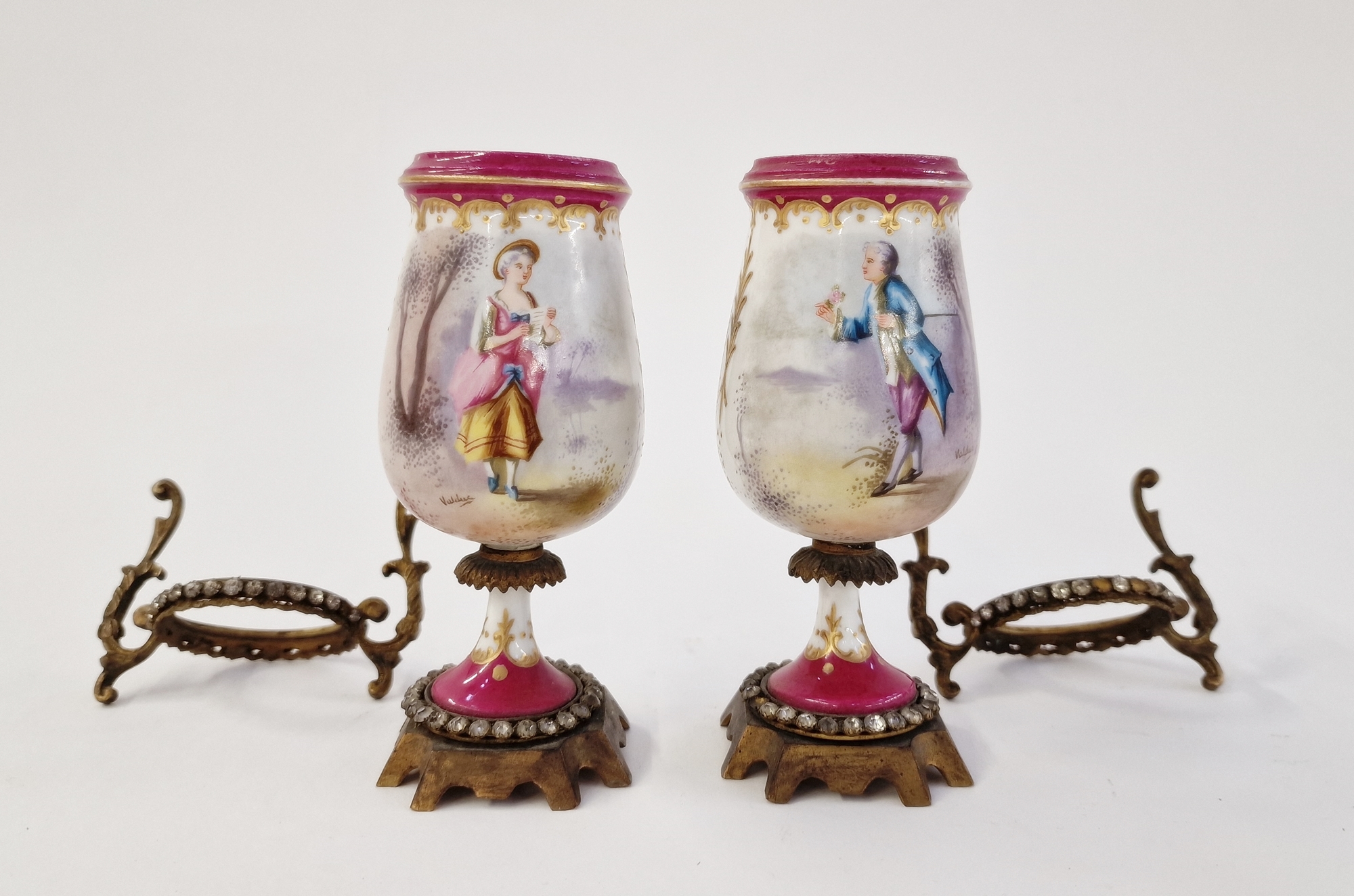 Pair of late 19th century gilt metal-mounted Sevres-style vases, spurious interlaced L marks, each - Image 4 of 4