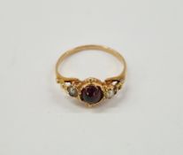 19th century gold-coloured metal, almandine garnet and pearl small ring, ring size G/H