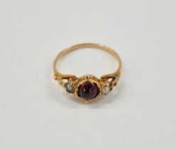 19th century gold-coloured metal, almandine garnet and pearl small ring, ring size G/H