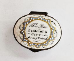 Georgian Staffordshire enamel oval patchbox, the cover inscribed 'This Box I Intend a Gift for My