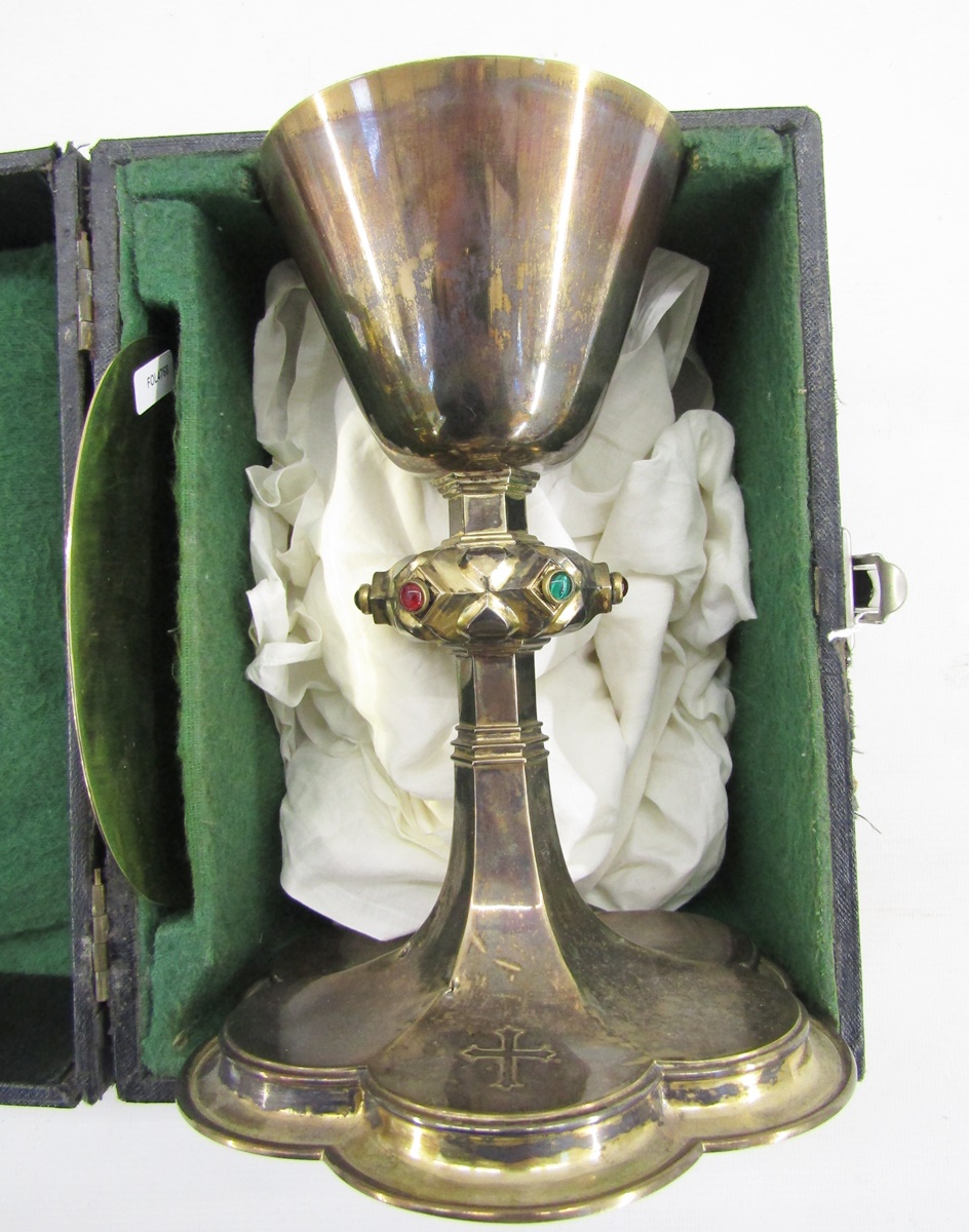 Silver-gilt chalice with tapered bowl, the lobed knop inset with cabochon green and red glass - Image 2 of 8