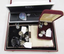 Brooch, earrings. ring and two pairs of earrings, with pictures created by butterfly wings, backed