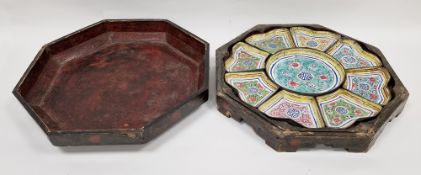 Canton enamel sweetmeat set in black lacquer octagonal box and cover, Qing dynasty, comprising: a