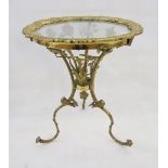 Glass-topped gilt-metal tripod occasional table, French, 20th century, the glass engraved with a