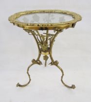 Glass-topped gilt-metal tripod occasional table, French, 20th century, the glass engraved with a