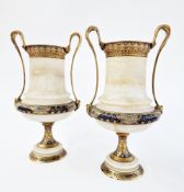 Pair of French gilt-metal, enamel and alabaster mounted two-handled vases, circa 1900, of baluster