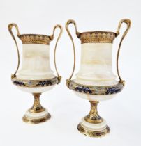 Pair of French gilt-metal, enamel and alabaster mounted two-handled vases, circa 1900, of baluster