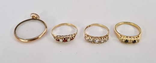 Gold-coloured metal, opal and garnet five-stone dress ring size N1/2, a gold and cubic zirconia