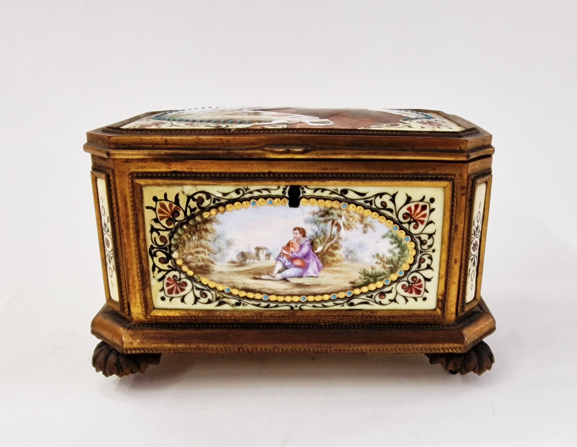 Late 19th century French enamel and gilt metal-mounted jewellery casket, of canted rectangular