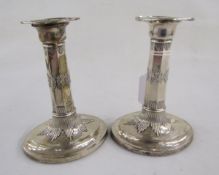 Pair Victorian silver candlesticks, each with elliptical drip tray, panelled and reeded edge,